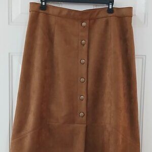 Ruby Rd Skirt Womens 14 Petite Brown Faux Suede Front A-Line Midi